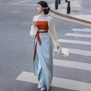 拟梦等烟雨 撞色高品质通勤人丝提花钉珠 原创汉服宋制旋裙飞机袖