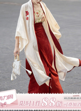 拟梦花间酒原创国风宋制旋裙三件套长干寺日常汉服红色晨袍现货夏