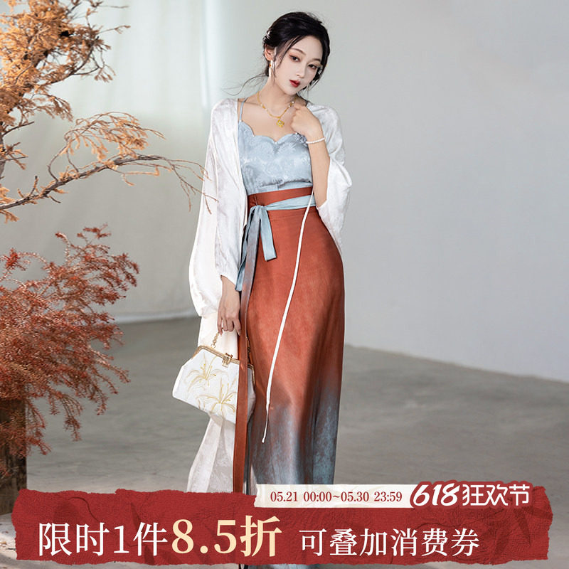 拟梦釉里红原创国风改良新中式开衫花瓣黄昇墓宋抹红蓝渐变旋裙夏