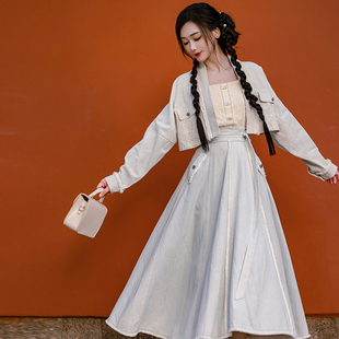 素日常汉服短外套小个子女 拟梦星晴国风原创洗水做旧白色牛仔汉元