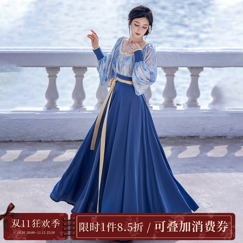 拟梦梵高的海国风原创改良鸡心领6米摆十破裙春秋油画感日常汉服