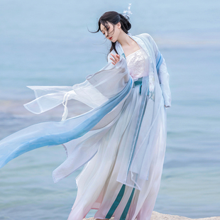 渐变褶裙荷花刺绣褙子清冷仙气女 拟梦出尘国风原创宋制汉服一片式