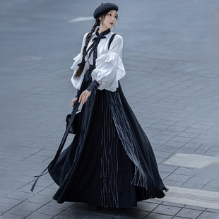 女秋款 日常轻汉服背带荷叶边改良立领衬衫 拟梦墨白原创国风新中式