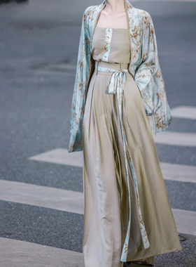 拟梦花青 原创褶衣吊带改良仿宋裤仿古复古日常通勤套装春秋