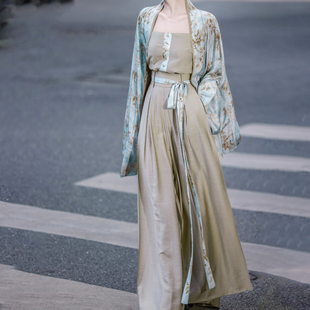 仿古复古日常通勤套装 春秋 原创褶衣吊带改良仿宋裤 拟梦花青