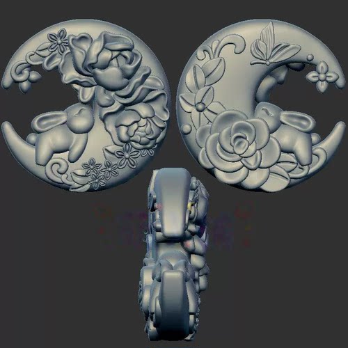 月亮牡丹花小兔三维立体图3d打印stl文件圆雕图雕刻机3d模型2409