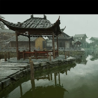 UE5.3中式古风河道小桥江南水乡城镇建筑Traditional Chinese