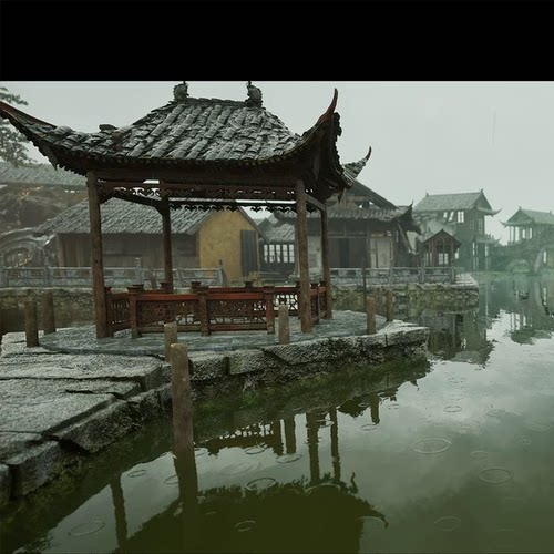 UE5.3中式古风河道小桥江南水乡城镇建筑Traditional Chinese