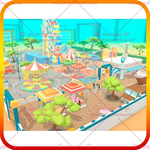 Unity3d卡通低多边形公园游乐园摩天轮旋转木马美食店铺场景模型