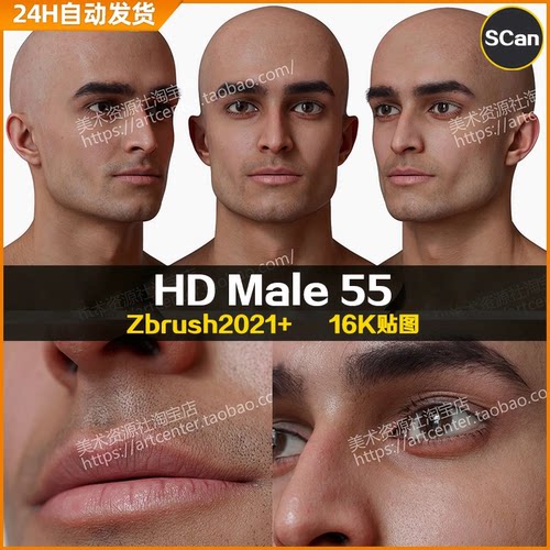 3DScan store/Ten24写实高清扫描模型ZBrush男性头部HD Male 55