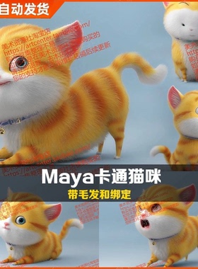 Maya卡通猫科动物小猫咪3D模型UV展开带绑定英短橘猫金渐Xgen毛发