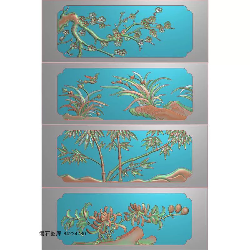 石雕花草栏板梅兰竹菊横板围板梅花兰花竹子菊花精雕图浮雕灰度图