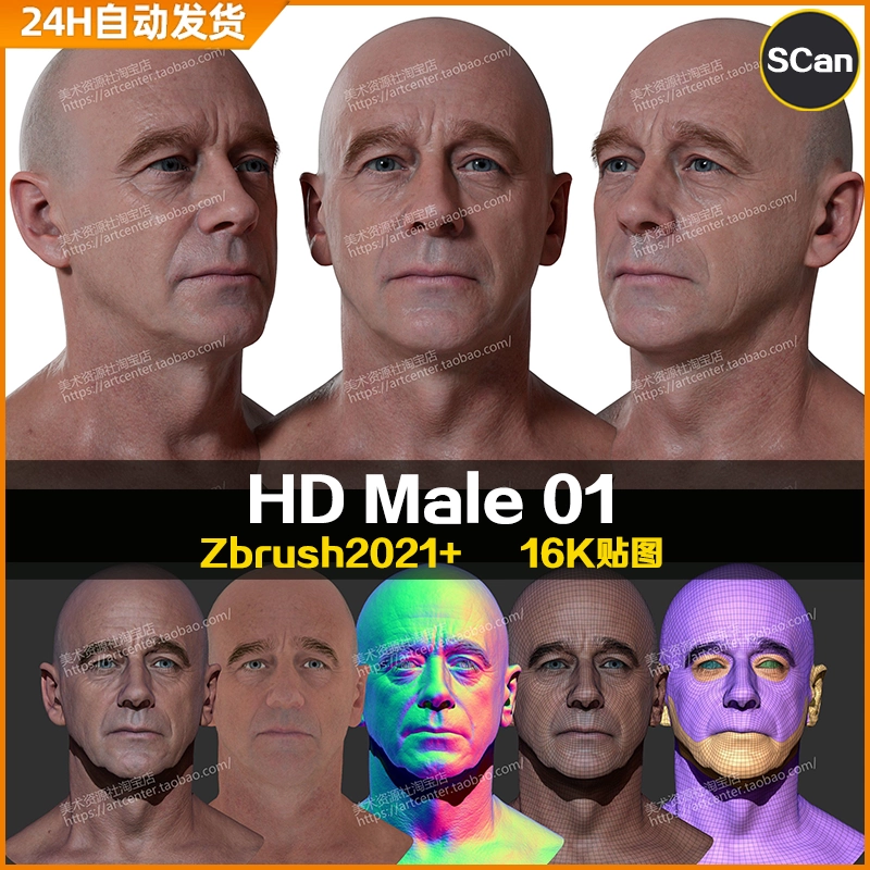 3DScan store/Ten24写实高清扫描模型ZBrush男性头部HD Male 01