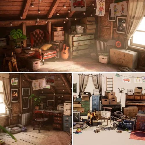 ue4/ue5虚幻复古年代家具老旧玩具阁楼房间室内场3d景模型包素材