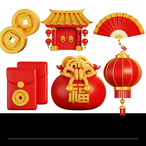 35款3D新年春节红包金币福袋鞭炮灯笼建筑模型设计素材Blender437
