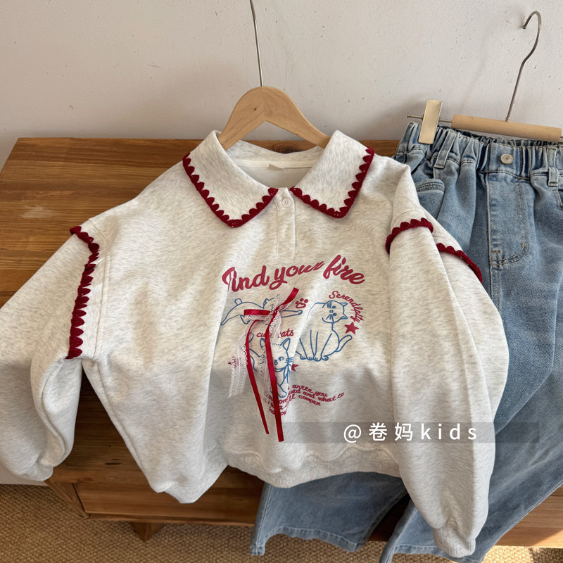 卷妈童品26春秋中大女童猫咪Polo衫卫衣卡通印花边长袖宽松上衣潮