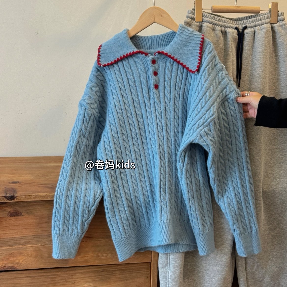 卷妈童品25冬季中大童翻领针织衫宽松上衣拼色Polo衫套头麻花毛衣