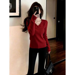 韩系感v领毛衣针织内搭打底衫女秋冬修身气质绝美巨好看上衣