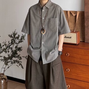 夏季男士日系时尚复古格子短袖衬衫男青少年薄款感宽松休闲衬衣