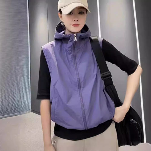 连帽无袖透气冲锋衣马甲外套女2025春夏新防晒衣百搭休闲上衣开衫