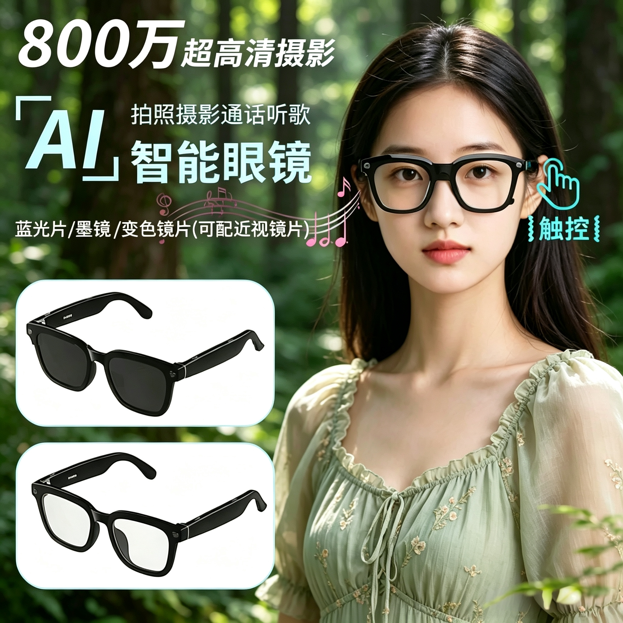 AI智能眼镜4K超清拍摄拍照可配近视手机蓝牙通话音乐智能翻译眼镜