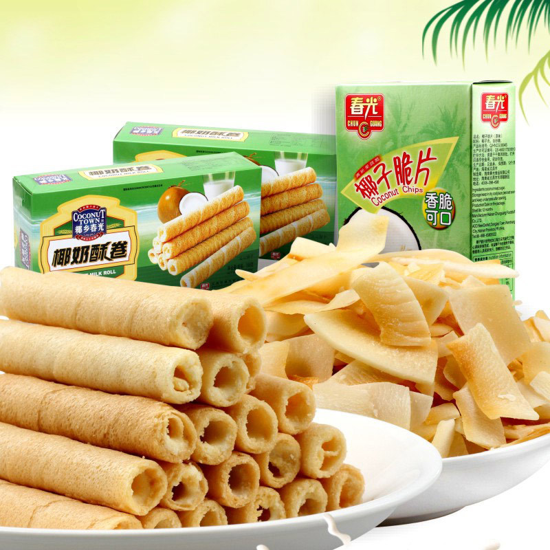 海南特产春光19元套餐218g*2 椰子脆片60g 椰奶酥卷158g 零食包邮