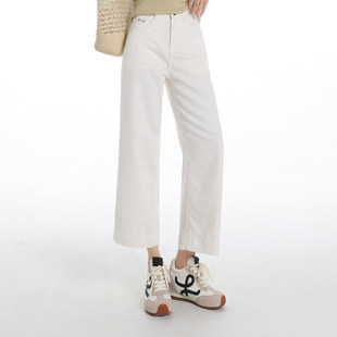 米白高腰休闲牛仔裤女2025新款设计感小众宽松彩点直筒九分裤子潮