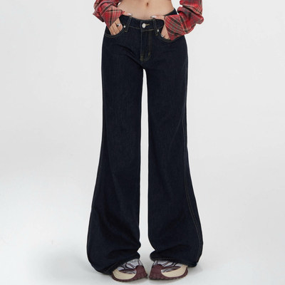低腰辣妹深蓝微喇阔腿拖地牛仔裤
