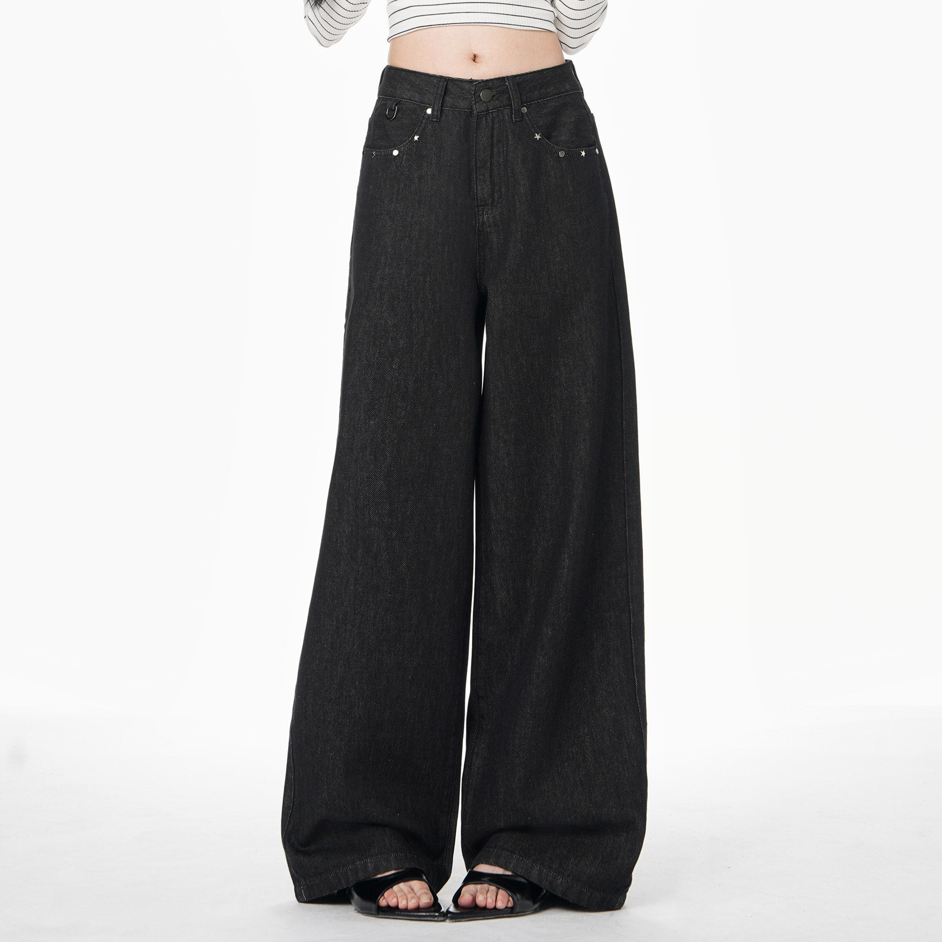 美式复古丹宁黑色阔腿牛仔裤女春秋高腰宽松柳钉设计感拖地直筒裤,女装/女士精品,牛仔裤,淘宝优惠券,粉丝福利购,淘宝优惠卷