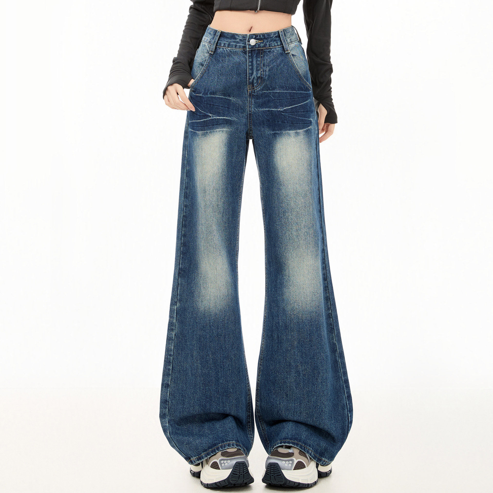 美式复古微喇牛仔裤女早春秋新款扎染设计感高腰宽松垂感阔腿长裤