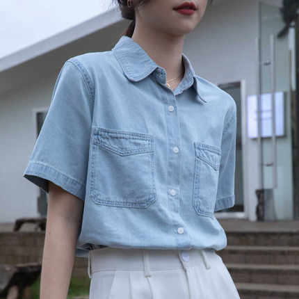 牛仔衬衫女polo半袖夏季设计感小众衬衣港风复古蓝色短袖上衣外套