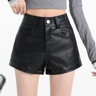 美式pu皮西装短裤女秋冬小个子外穿百搭高腰显瘦a字辣妹打底靴裤