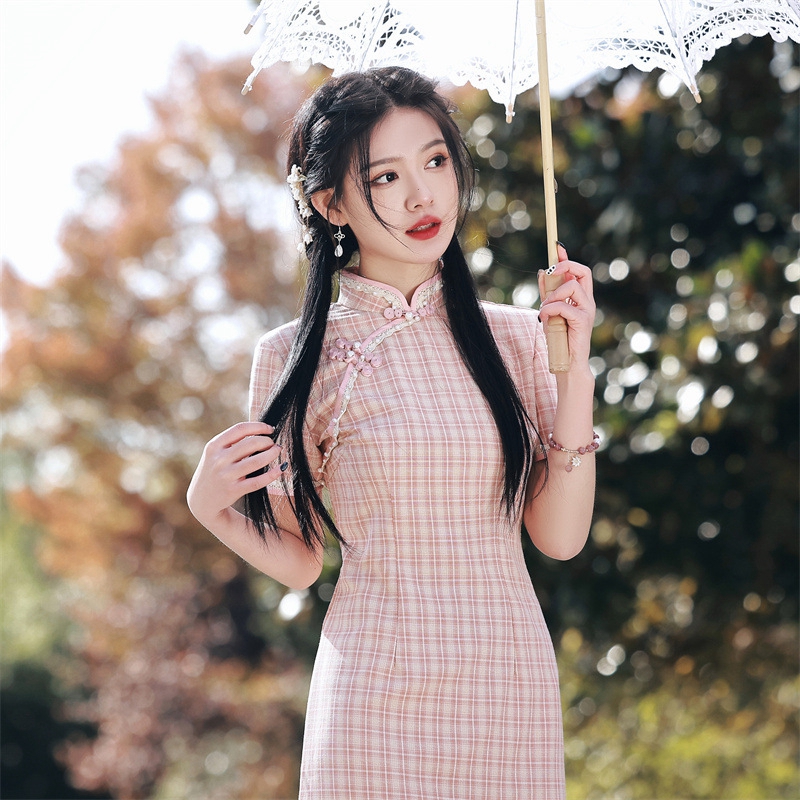 改良风花边棉麻苏州少女格子旗袍