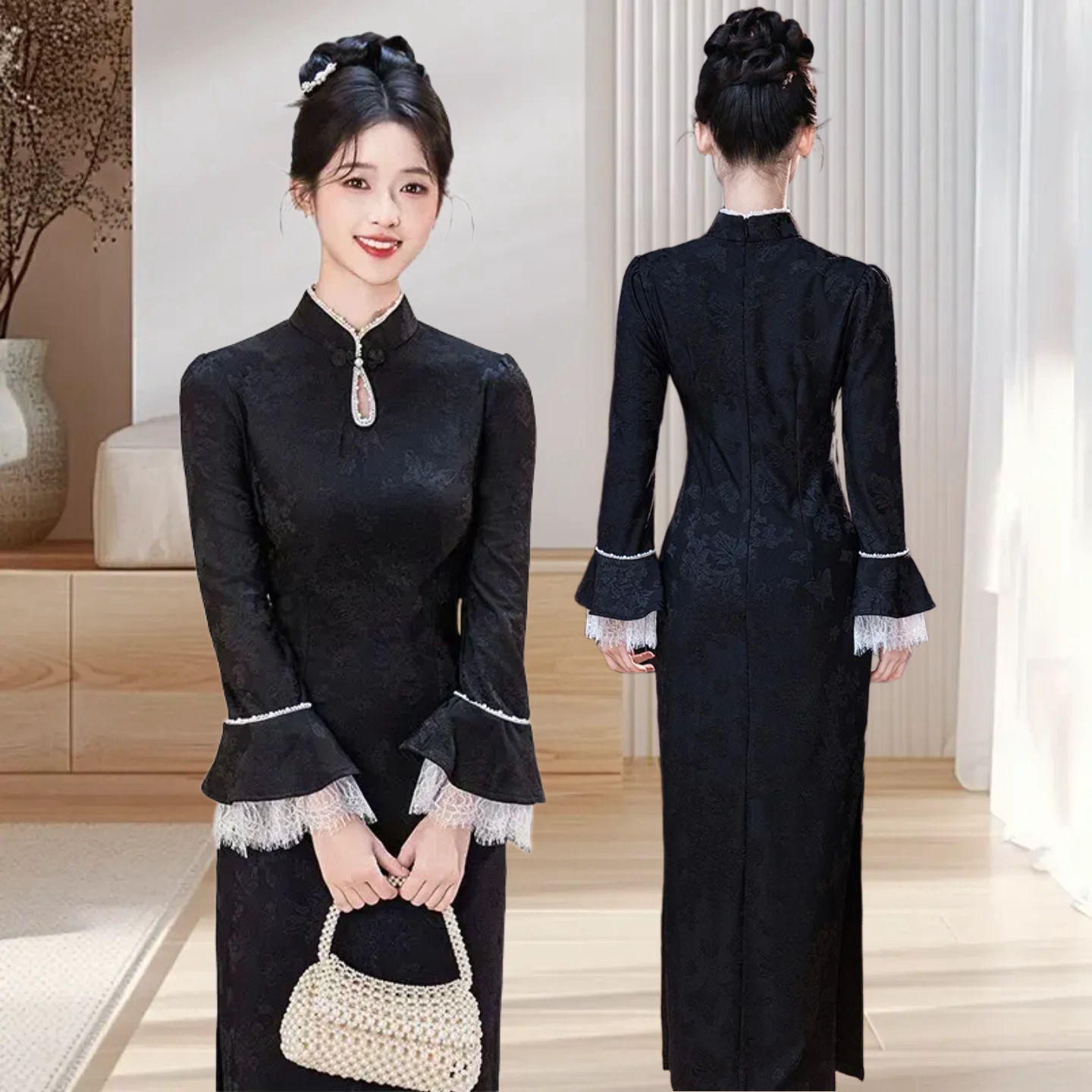 抓绒提花缎中国风水滴领年轻旗袍