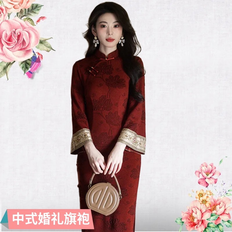 苏州弹力棉旗袍新中式复古倒大袖订婚礼服敬酒服宴会主持2026新款