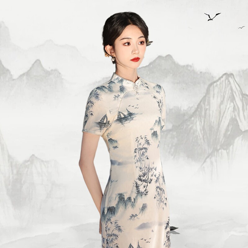 水墨山水印花日常旗袍中国风苏州