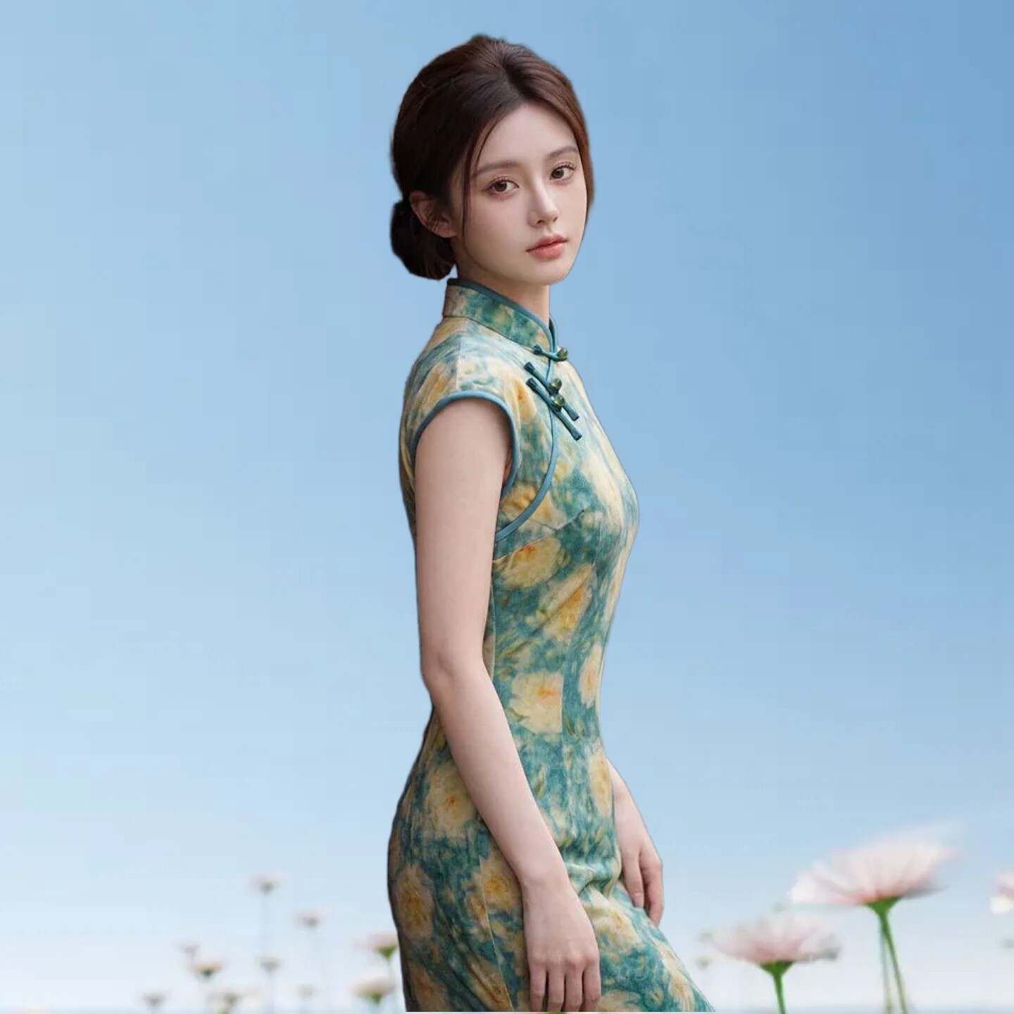 苏州丝绒印花日常旗袍裙少女无袖