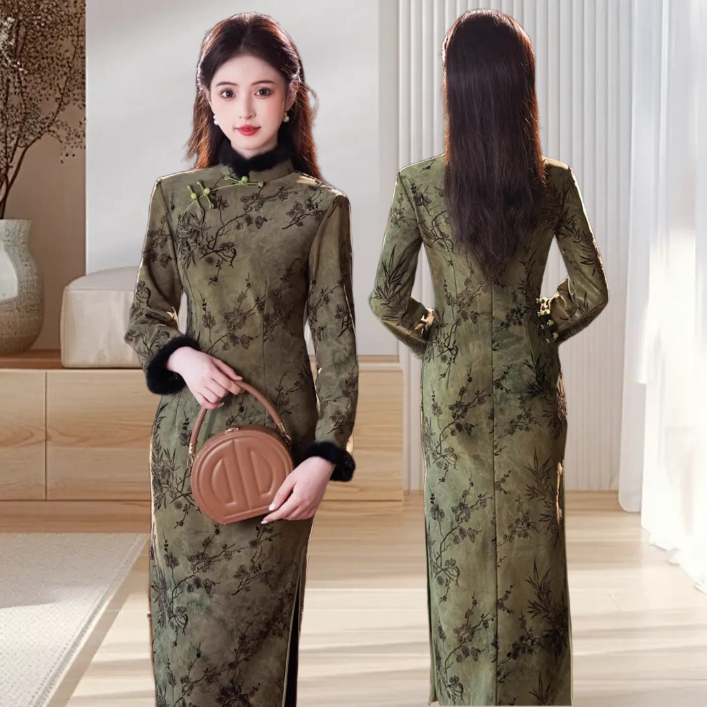 刺绣加绒加厚冬装国风新中式长款长袖改良雪尼尔苏州旗袍新款2025