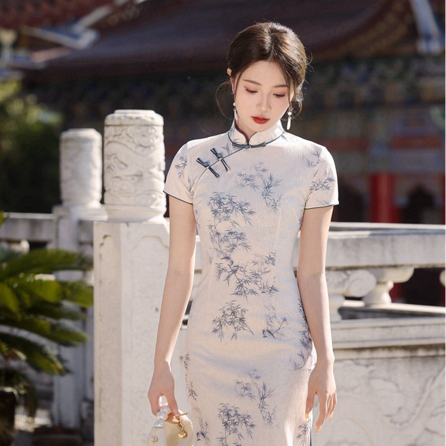 中国风水墨画仿真丝复古年轻少女素雅改良2026新款苏州日常旗袍裙