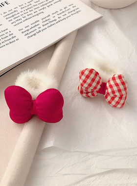 甜妹红色格子蝴蝶结发绳少女毛绒绒发圈头绳扎头发皮筋丸子头发饰