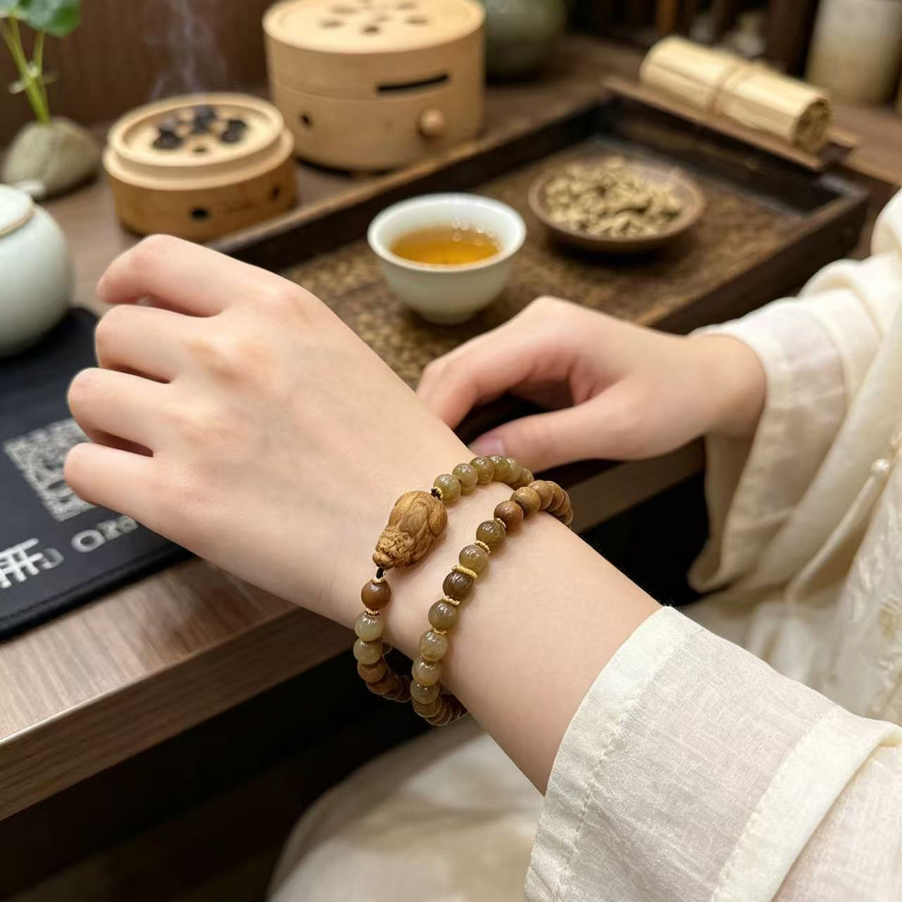 天然印度迈索尔正区老山檀手串天然玉石DIY双圈饰品女士时尚手串