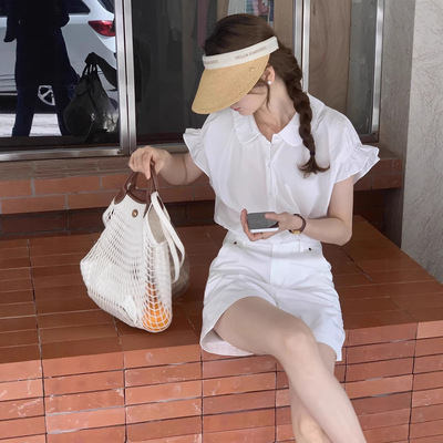 小飞袖白色衬衫女夏季短袖娃娃领小个子大码泡泡袖短款衬衣上衣
