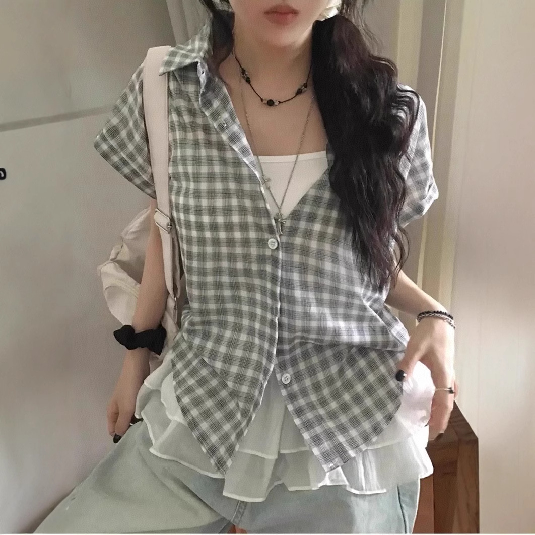 韩国chic经典小众减龄上衣格子短袖翻领中长款轻薄衬衫女