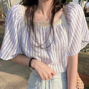 女 夏季 甜美蕾丝边方领小清新宽松显瘦喇叭袖 短袖 条纹衬衫