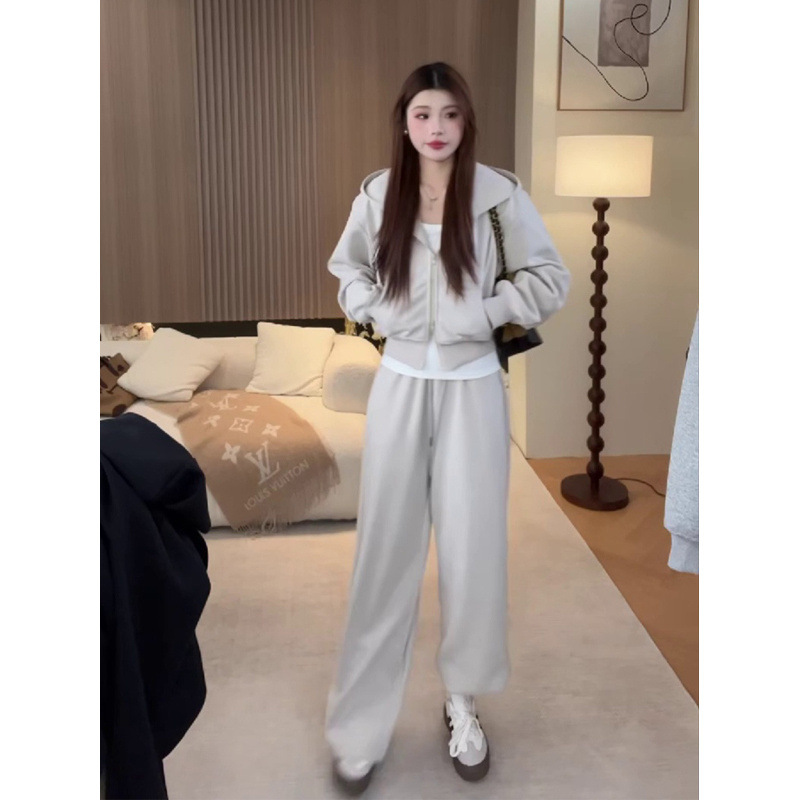 休闲卫衣秋天百搭简约运动衣服女套装时尚阔腿裤连帽跑步两件套