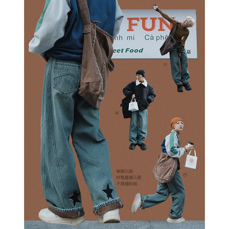 美式复古蓝口袋加绒水洗牛仔长裤