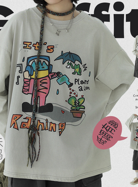 STILLYOU原创街头耳机人插画圆领长袖T恤宽松个性印花t-shirt上衣