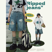 STILLYOU复古做旧水洗破洞牛仔短裤 女宽松酷帅高街直筒休闲五分裤