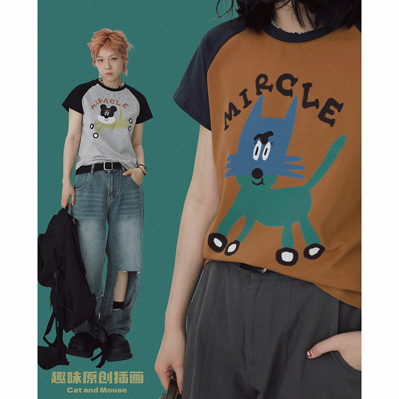 STILL YOU复古趣味猫鼠印花插肩袖撞色正肩圆领短袖T恤辣妹短上衣