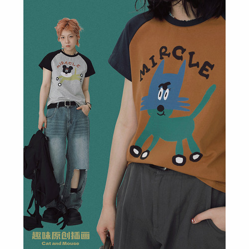 撞色插肩袖正肩短款修身短袖T恤